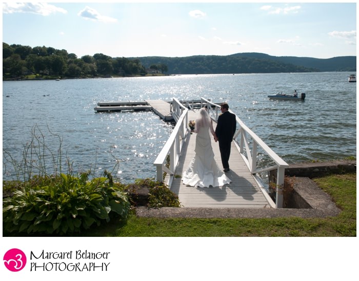 Bride and groom on the dock at Candlewood Lake, CT