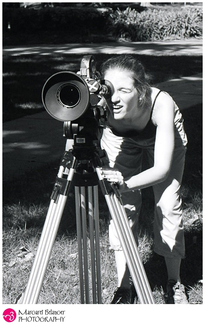 girl with movie camera, black and white, USC