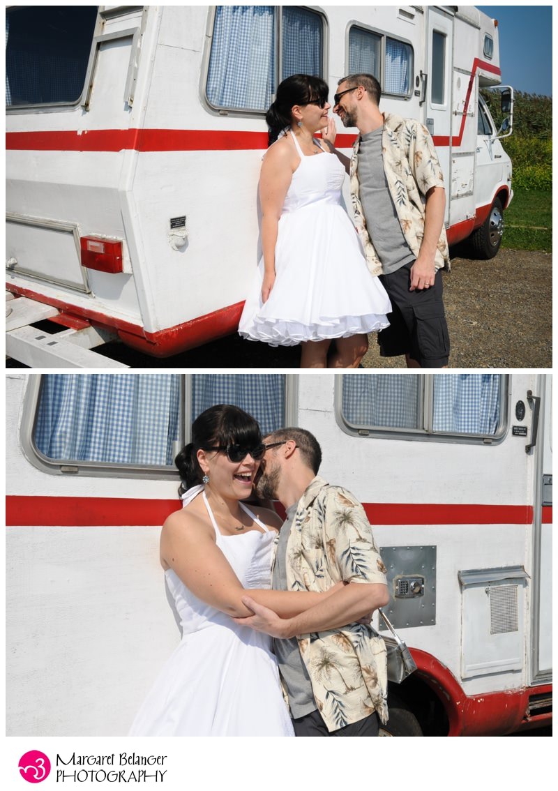 Bride and groom with their camper, Rye, New Hampshire