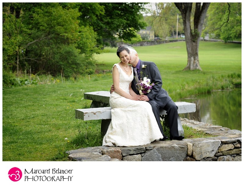 Bride and groom portrait on a bench at the Pierce House, Lincoln, MA