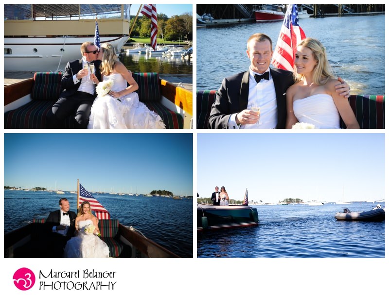 Bride and groom arriving by boat to the Camden Yacht Club reception