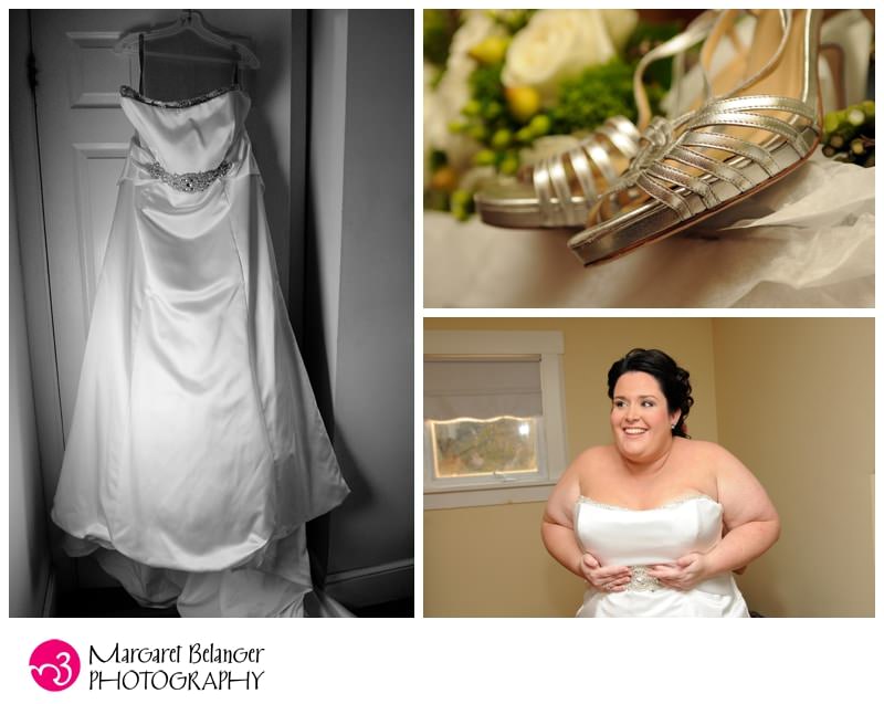 Bride getting ready, wedding dress, and shoes