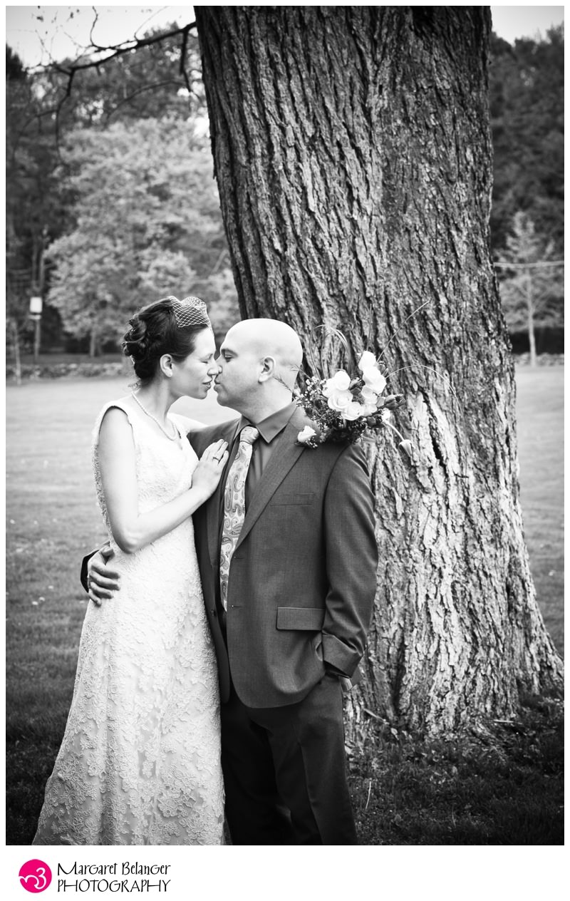 Bride and groom by tree, Pierce House, Lincoln, MA