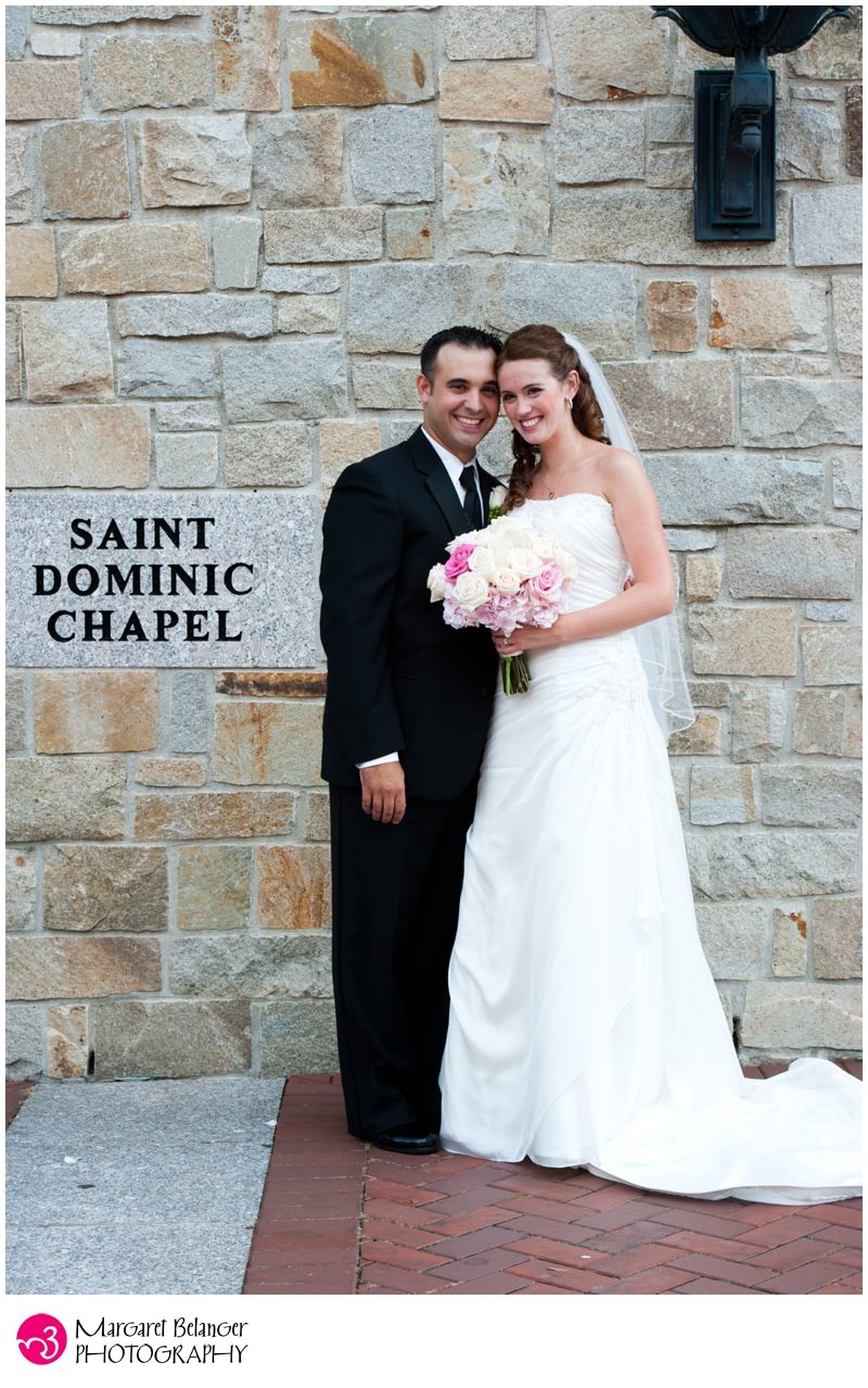 Bride and groom outside of Saint Dominic Chapel, Providence College