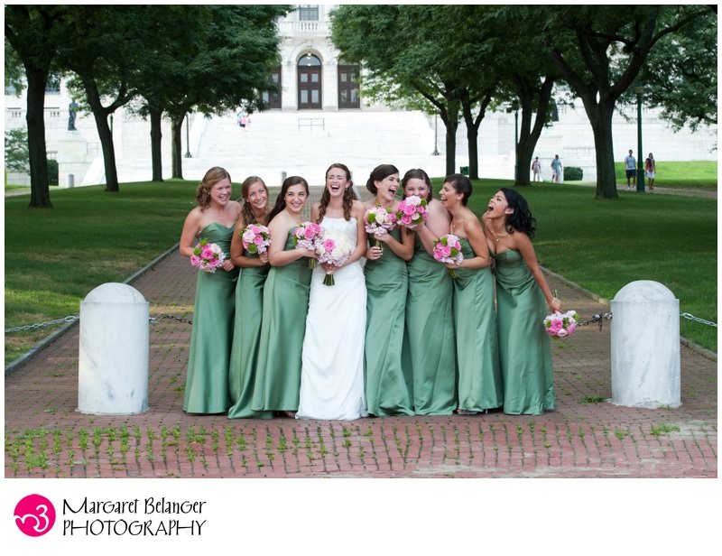Portrait of the bridesmaids in front of the Rhode Island State House, Providence