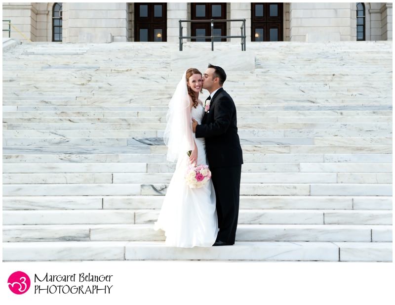 Bride and groom on the steps of the State House, Providence