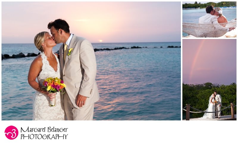 Bride and groom at sunset, Renaissance Island, Aruba