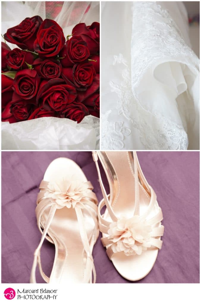 Shoes, wedding, dress, and flowers from a wedding at the Larz Anderson Auto Museum
