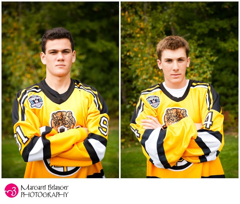 Two boys in their hockey uniforms, Metrowest senior portrait session