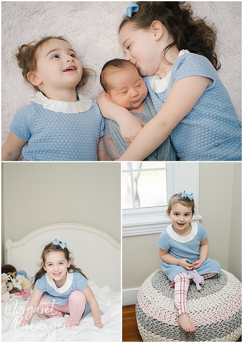 Brookline newborn session, sisters with their new brother
