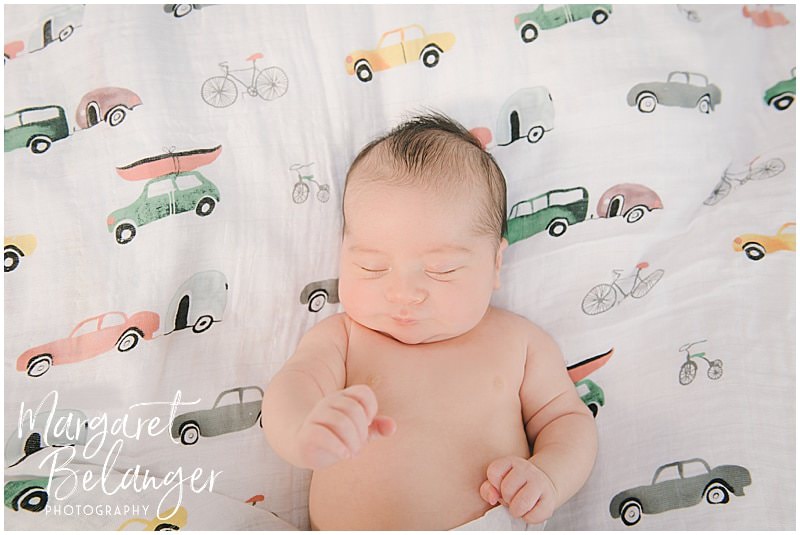 Brookline newborn session, baby on car blanket