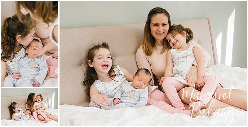 Brookline newborn session, mom on bed with her three children