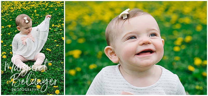 Cambridge family session, baby in grass and dandelions
