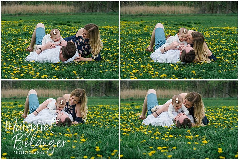 Cambridge family session, family photos lying down in the grass with dandelions