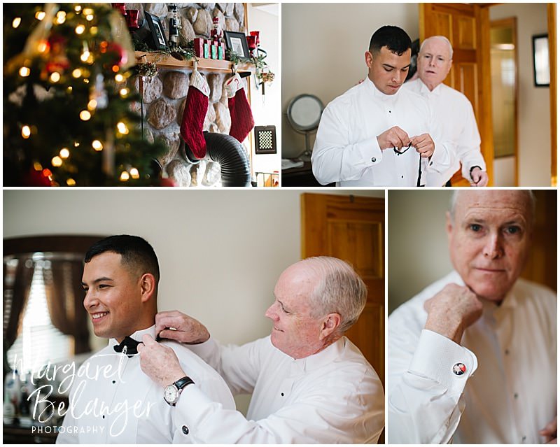 Groom and his dad getting ready at home at Christmas time