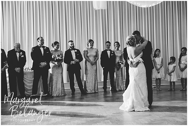 Black & white photo of bride and groom's first dance at their Castleton wedding reception, Windham, NH