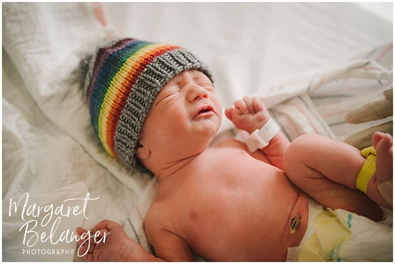 Fresh 48 newborn session at Emerson hospital, baby in knit hat