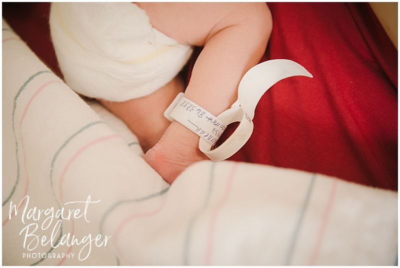 Fresh 48 newborn session at Emerson hospital, baby's leg bracelet