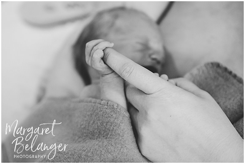Fresh 48 newborn session at Emerson hospital, baby holding mom's finger