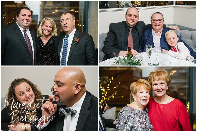 Portraits of guests at an intimate Boston restaurant winter wedding reception