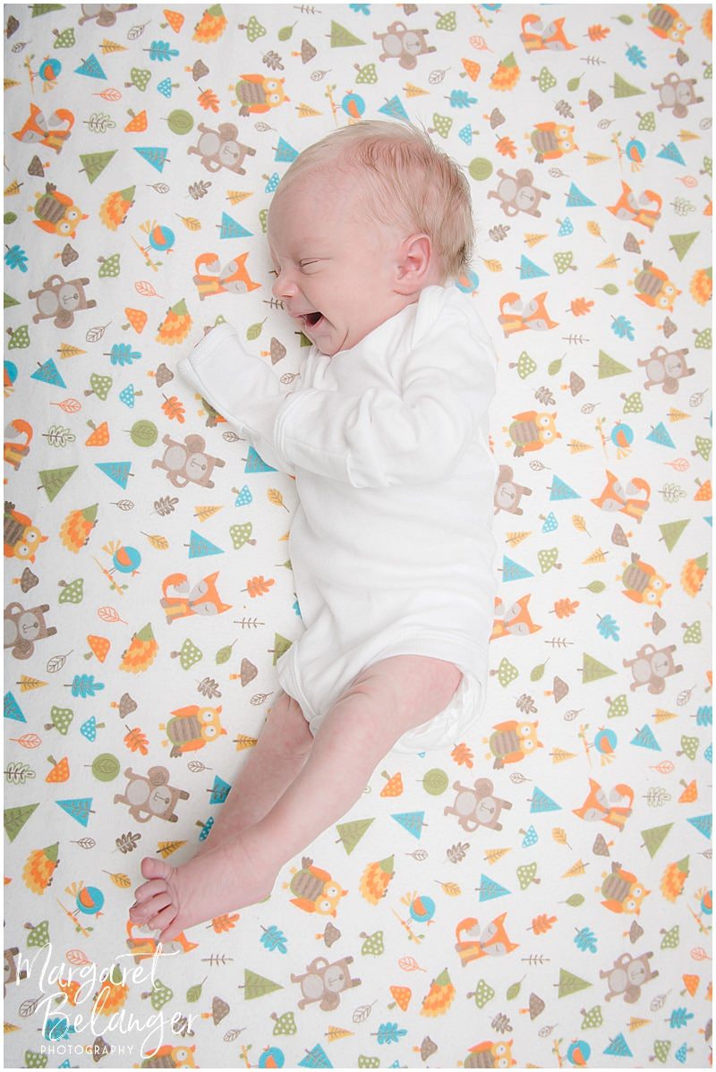 Lowell newborn session, baby stretching on woodland creatures crib sheet