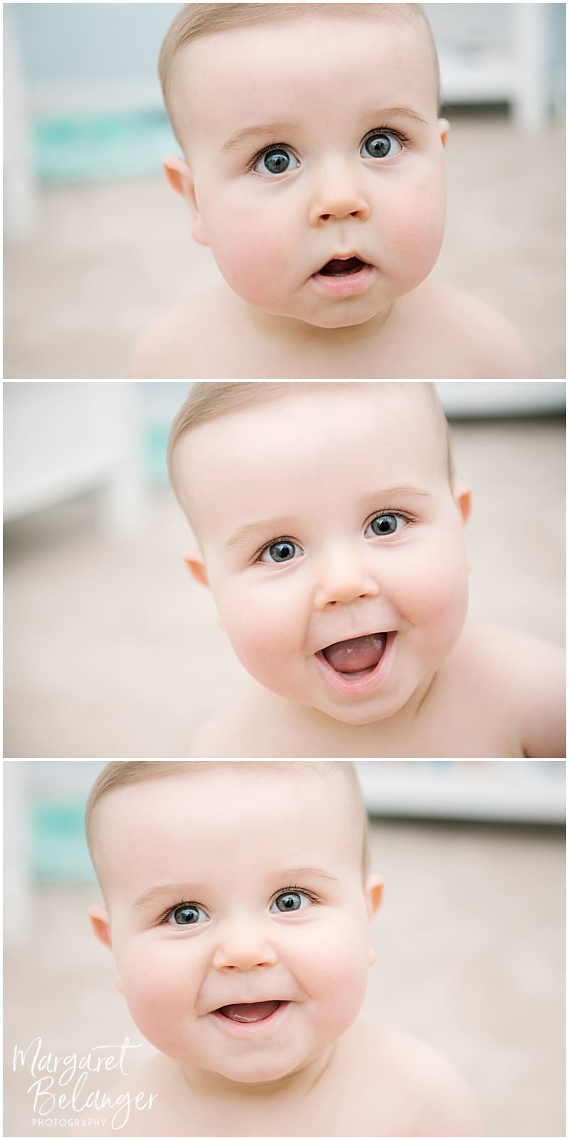 The faces of a 7 month old at his Rhode Island family session