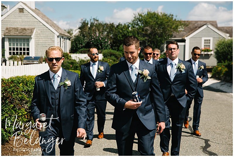 New Seabury Country Club wedding, outdoor portrait of groom and groomsmen