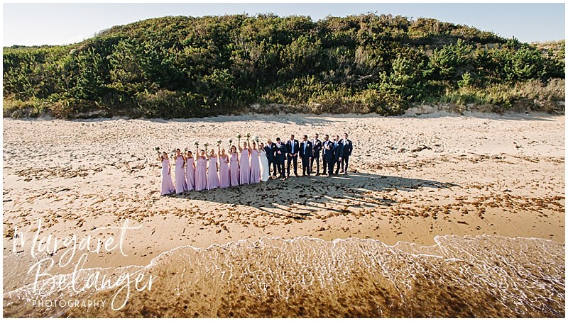 New Seabury Country Club wedding, drone portrait of wedding party on the beach