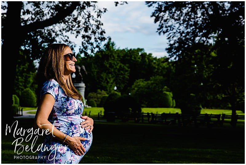 Sunrise Maternity session in the Boston Public Gardens, hands on belly