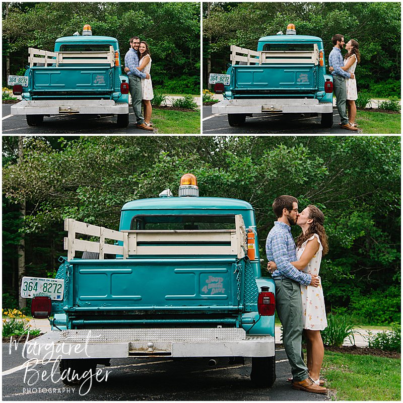 Couple snuggling while leaning up against a turquoise vintage pick-up truck