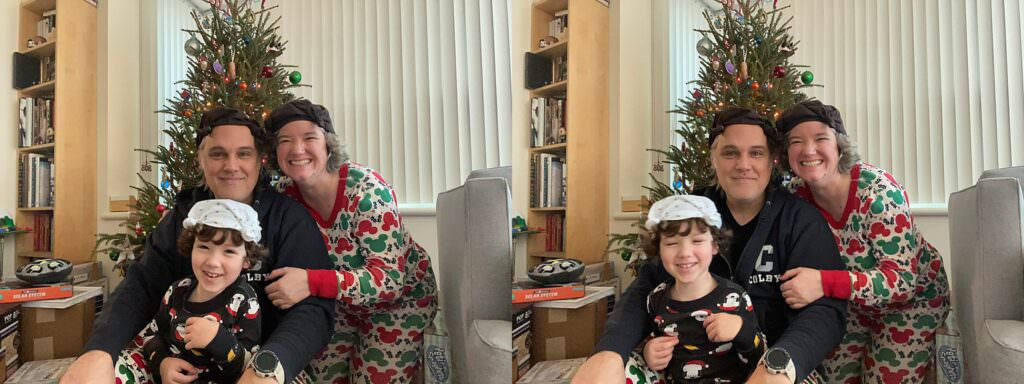 two photos of a family in front of a Christmas tree, one has eyes closed and one has eyes open.