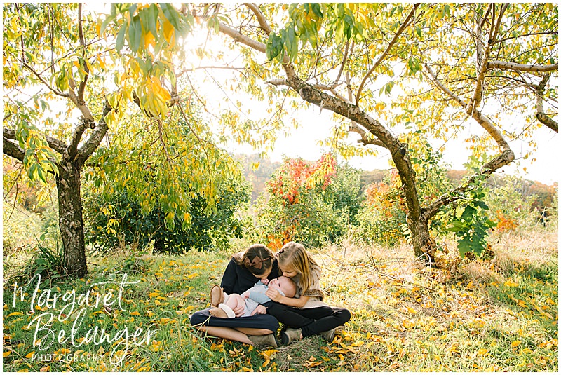 Boston Hill Farm Andover Family Session, two little girls holding their baby brother and kissing him