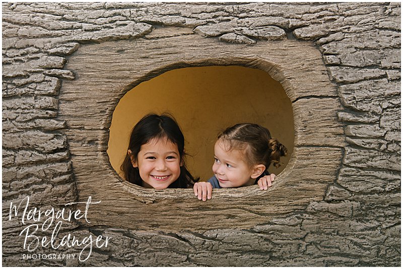 Two sisters poke their heads out of a hole in a playground log during their fall family session at Endicott Park in Danvers.