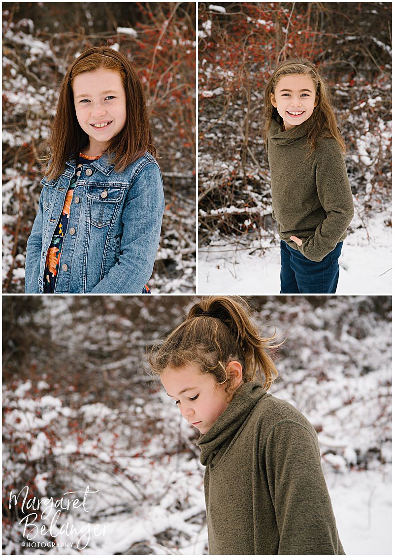 Portraits of three sisters during their winter family session at Minute Man National Park in Lincoln.
