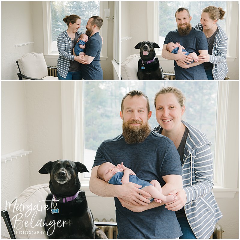 Photos of mom and dad holding newborn baby while dog also smiles for the photos during a Winchester, MA newborn photo session