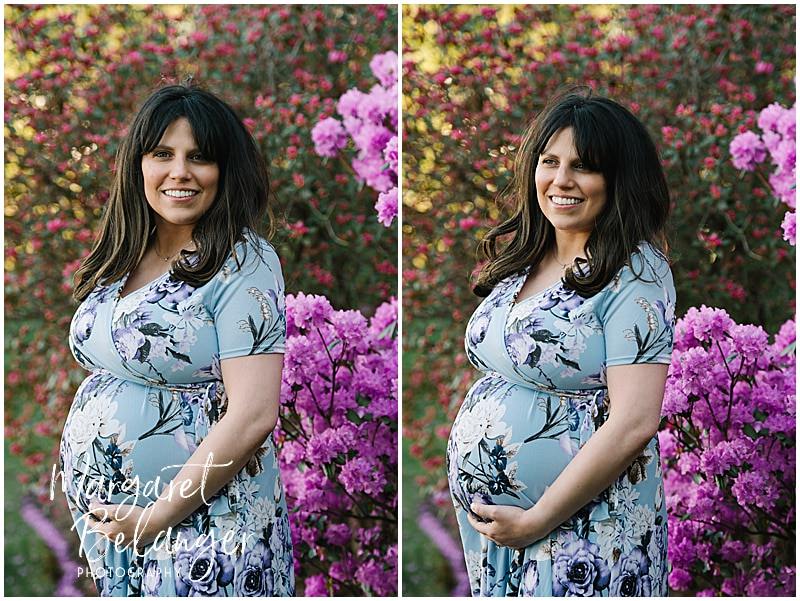 A pregnant woman posing with blooming flowers during her Norfolk, MA maternity session.