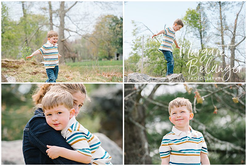 Candid photos of two brothers as they play on the grounds of Minute Man National Park in Concord during their spring photo session.
