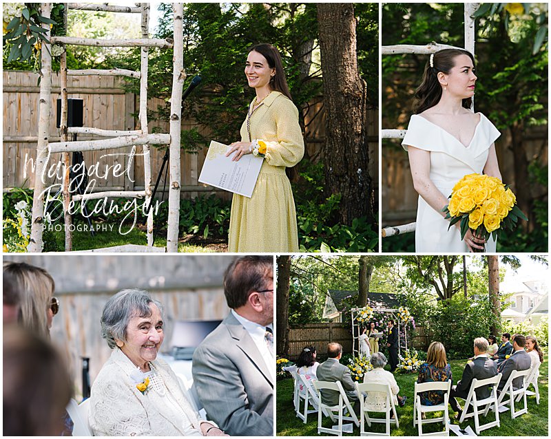 A collage of photos from the beginning of a backyard wedding ceremony in Winchester, MA.