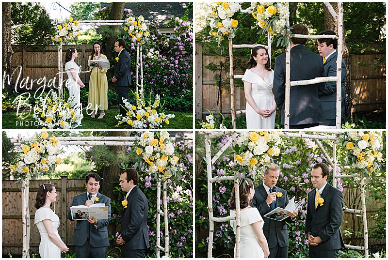 A collage of photos from a Winchester, MA backyard wedding ceremony
