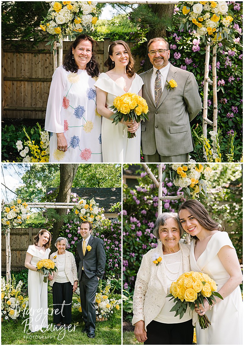 Family portraits of bride with her family during a Winchester, MA backyard wedding.