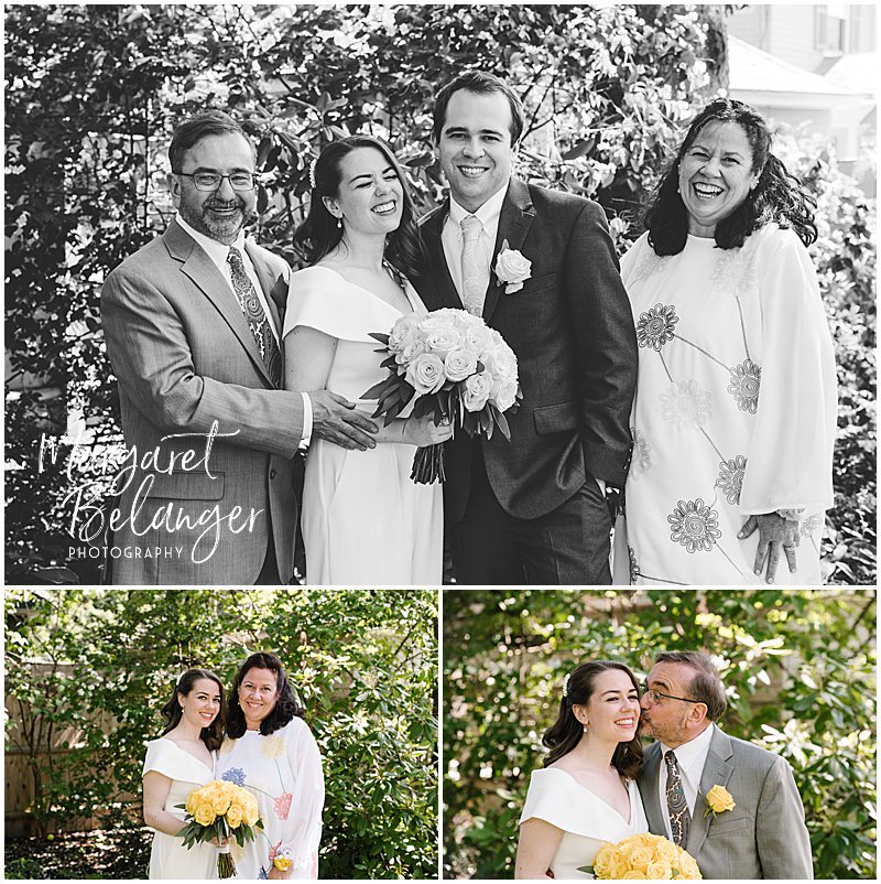 Family portraits of bride with her family during a Winchester, MA backyard wedding.