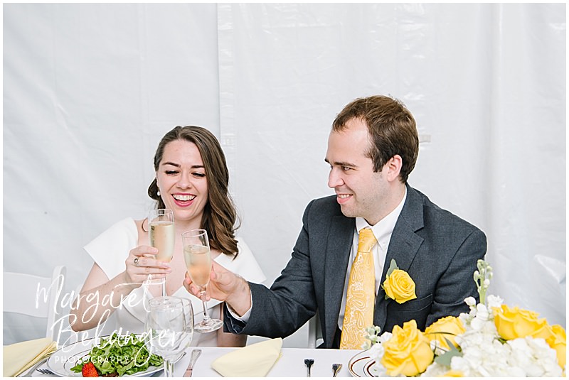 Bride and groom clink champagne glasses during wedding toasts at their backyard wedding in Winchester, MA.