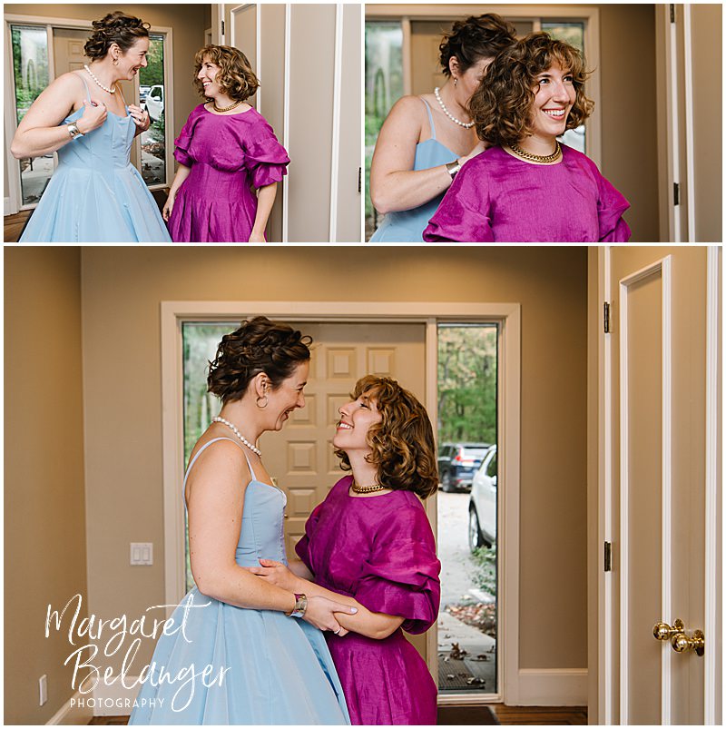 Brides help each other into their dresses before their wedding ceremony at Allandale Farm