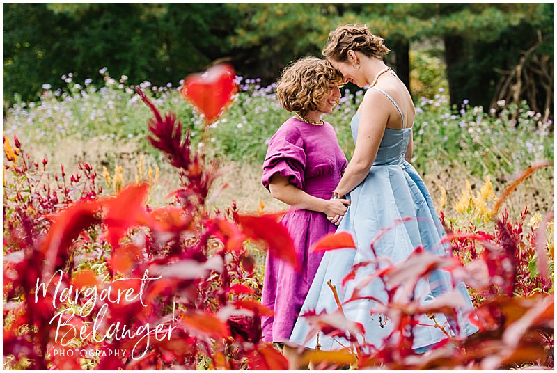 Brides stand among the red flowers at Allandale Farm