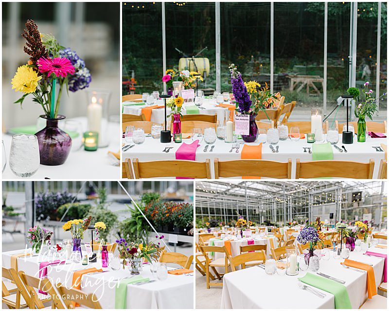 A collage of flowers and tablescapes from a same-sex wedding reception in a greenhouse.