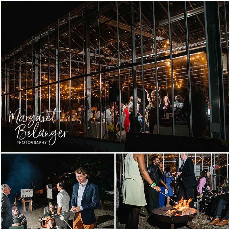 Wedding guests dancing in the greenhouse and roasting marshmallows over a fire pit.