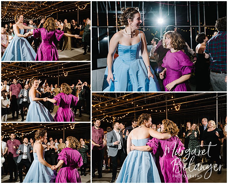 A collage of photos of the brides dancing together at a wedding.