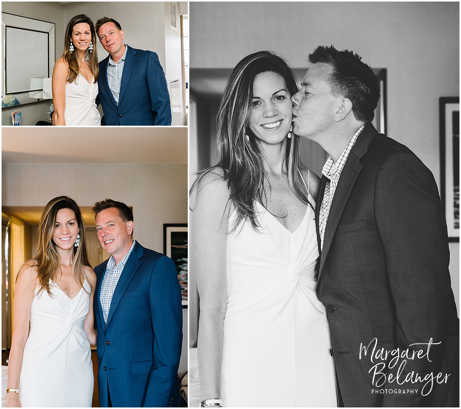 Images of a wedding couple dressed in formal attire, one posing with a smile and the other sharing a kiss.