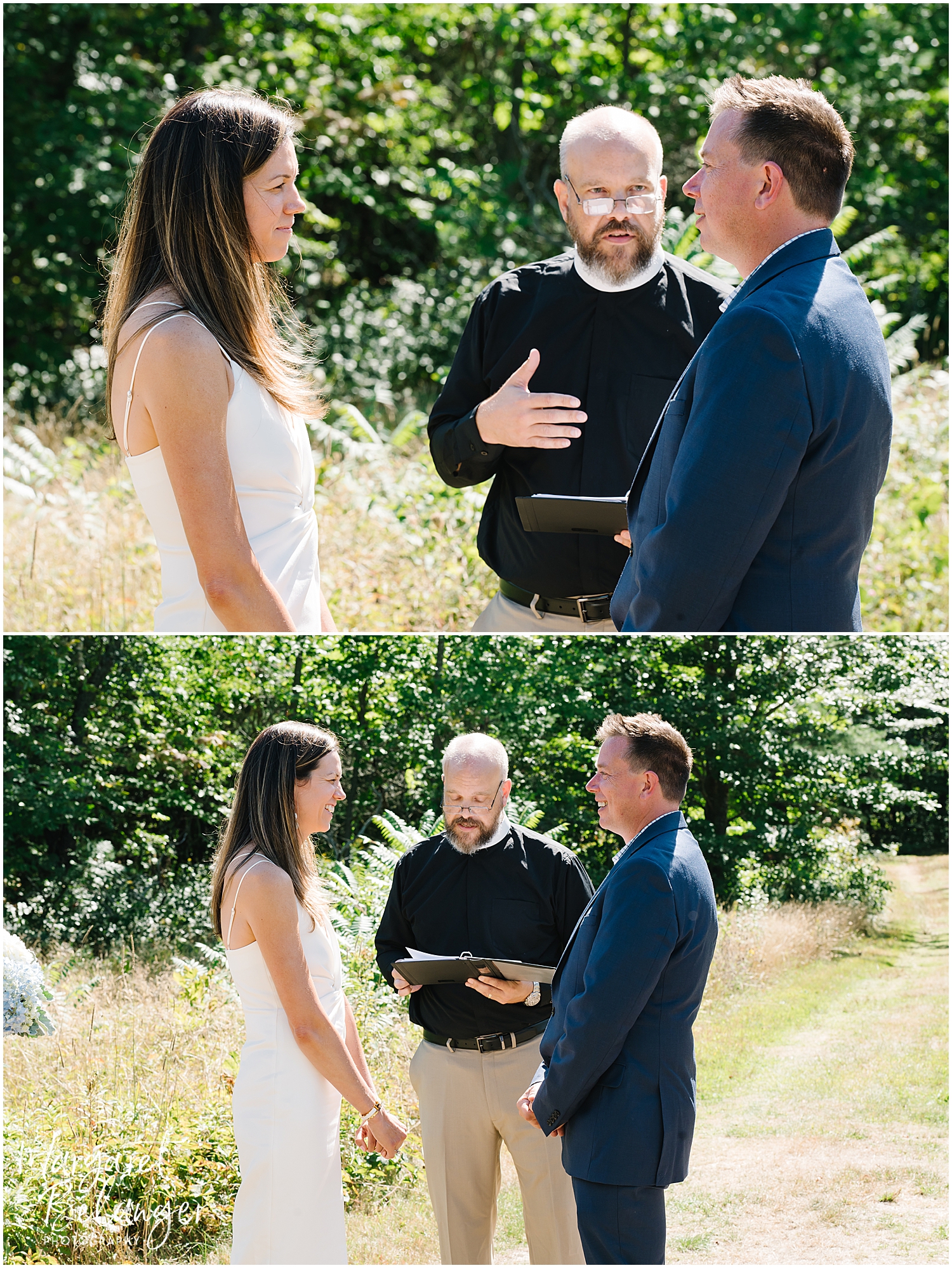 A bride and groom stand in front of their wedding officiant during their sunny outdoor ceremony.