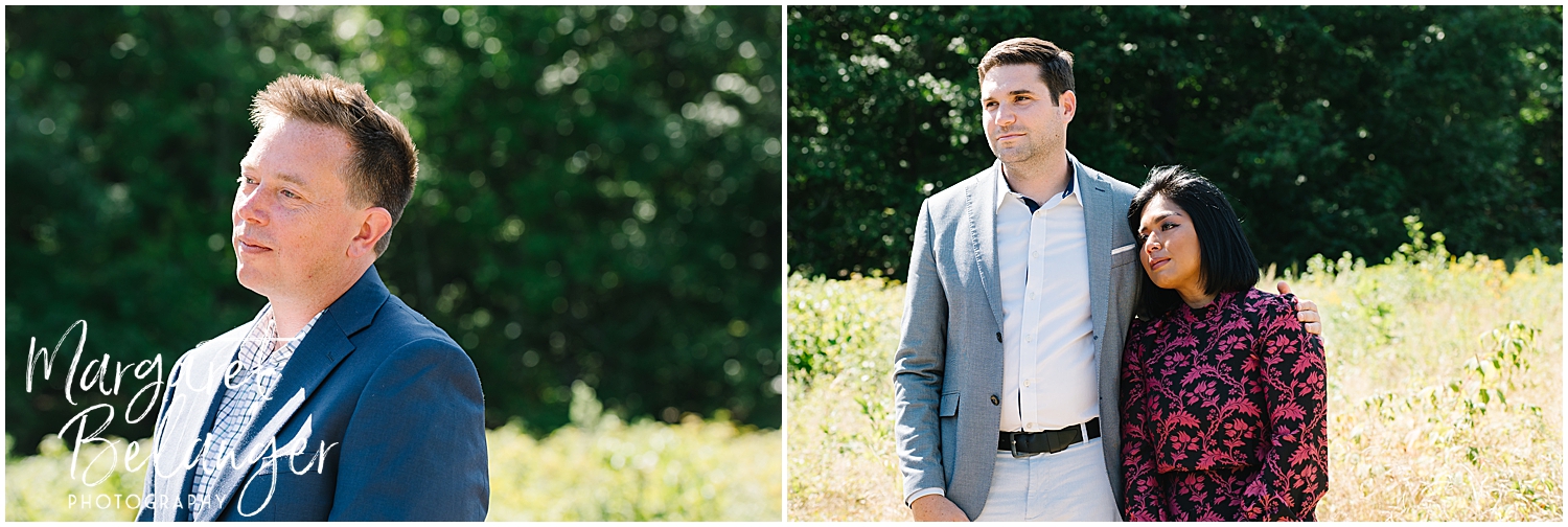 Two separate portraits: one of a groom looking to the side in sunlight, and another of a couple standing together in a field watching the wedding ceremony.